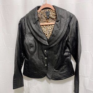 Clara Sun Woo Faux Leather Jacket, Sz M, Black, Animal print lining, Fitted